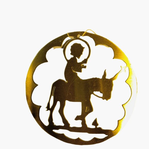 Vintage Brass Christmas Ornament Germany Donkey Baby Jesus - Picture 1 of 2